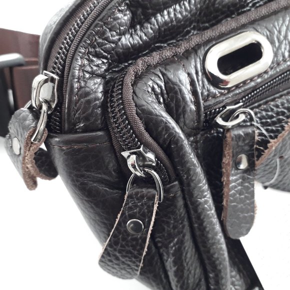 NWOT - MENS GENUINE LEATHER WAIST BAG HAS MULTIPLE POCKETS & PHONE GROMMET - Picture 2 of 13